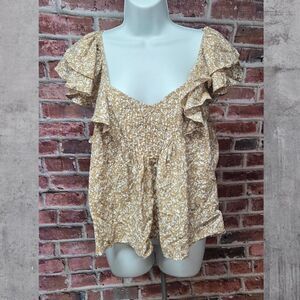Universal Thread Tan White Floral Top Large Ruffle Sleeve V Neck Relaxed Fit